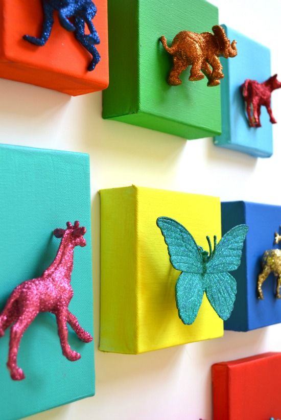 DIY:: Glittered animal canvases…Could be fun to pre-paint the canvases…then