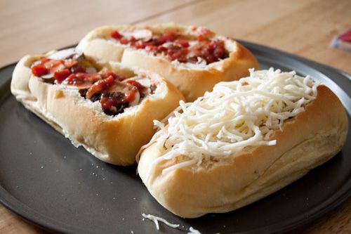 Deep Dish French Bread Pizzas…great idea!  Just hollow out and fill with toppi