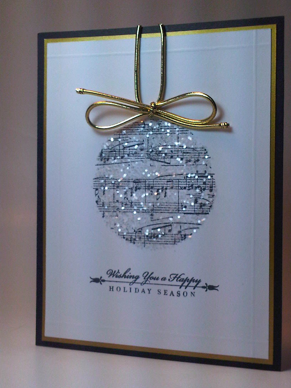 Glittery Music Sheet Ornament Card…with gold string.