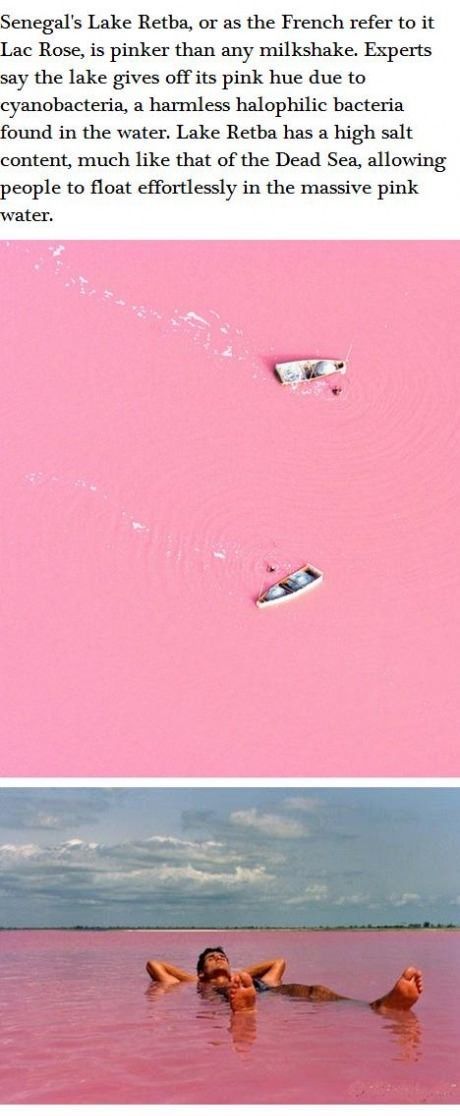 Lake Retba in France. It's pink! Before I die, I must see this.