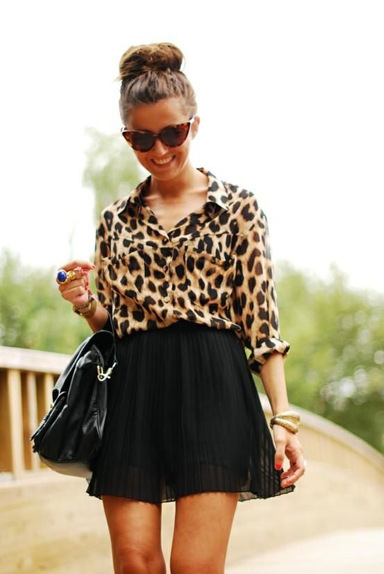 Leopard Print top and Black Mini Flirt Skirt