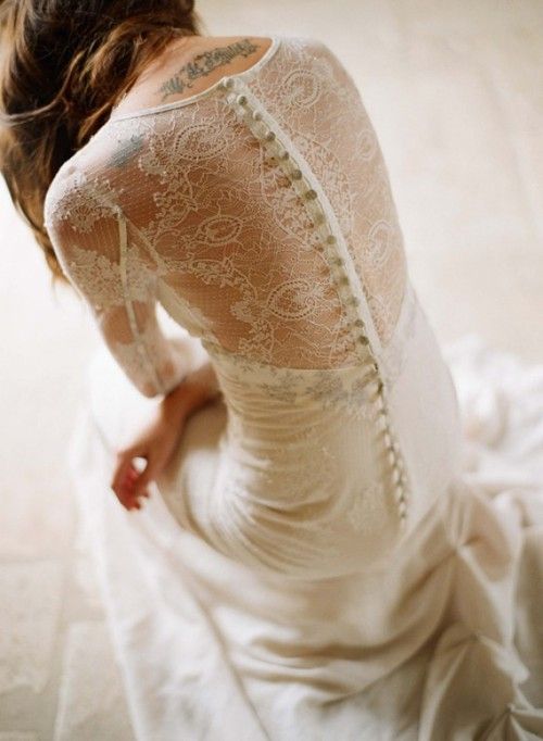 Long Sleeved Lace Back Button Wedding Dress