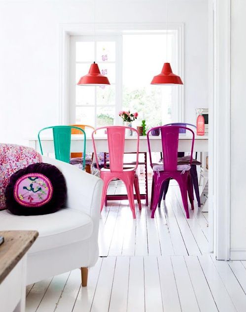 Multi-color chairs add a pop of color, how cute!! #home #decor #interior #dining