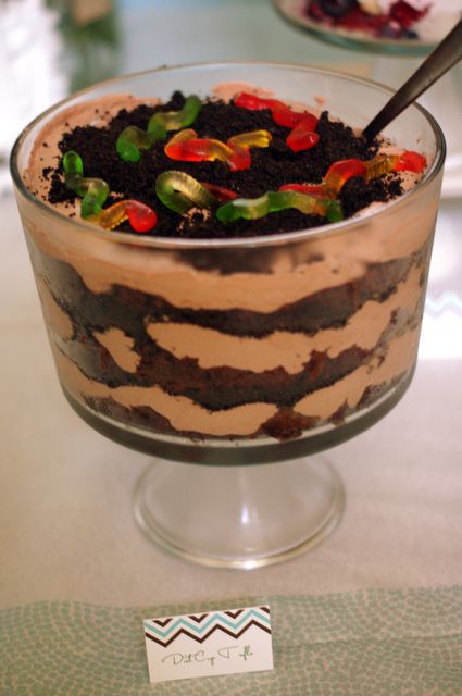 P said Yummy  Dirt cup trifle is a great idea for a boy baby shower. Have a rabb
