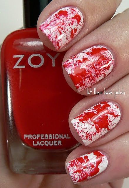 Paint nails white (or whatever base color you want). To get the splatter effect
