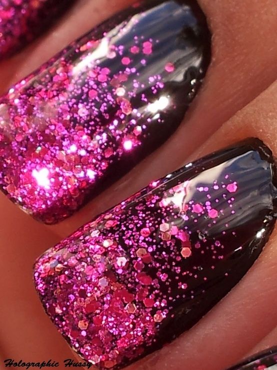 Pink glitter over black polish…  1) Apply a glossy black polish and let dry  2