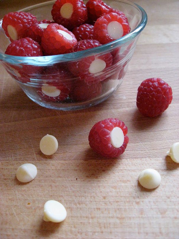 Raspberries with white chocolate chips….