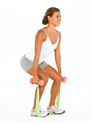 Resist-a-Squat:  Stand in middle of band with feet hip-width apart, holding one