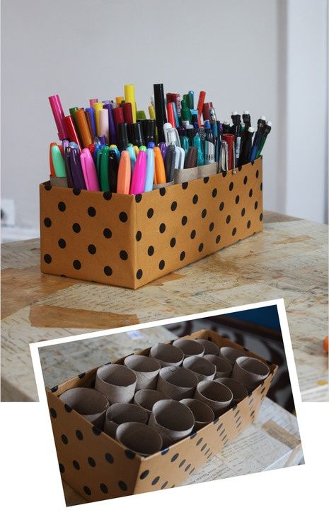 Shoe box & toilet paper tubes (and/or paper towel tube pieces) = storage for
