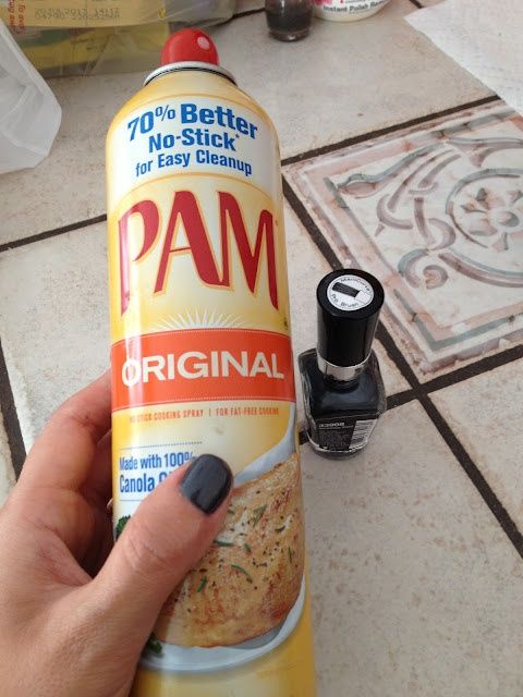 Spray PAM on wet nails, wipe it off, they're completely dry.  From Real Simp
