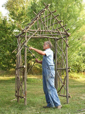 Step by step instructions on how to make a twig arbor. Tells u how many twigs of