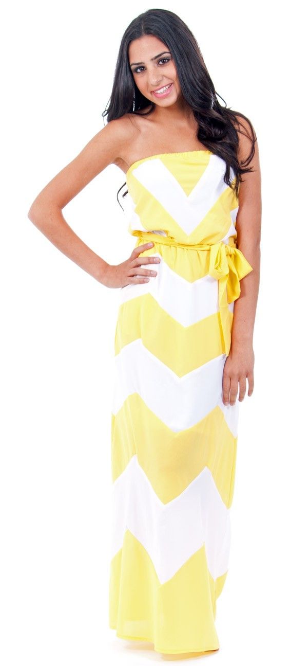 Yellow Chevron Strapless Maxi Dress