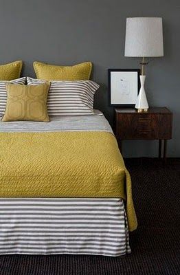 Yellow and gray. OMG love this.  if ONLY I could change my bedroom every two yea