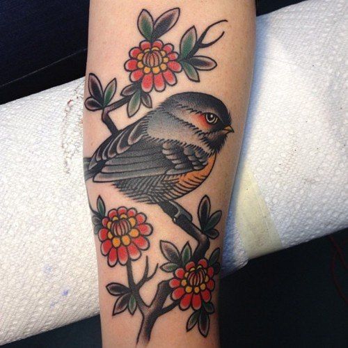 bird & flowers #tattoos I want this but a cardinal
