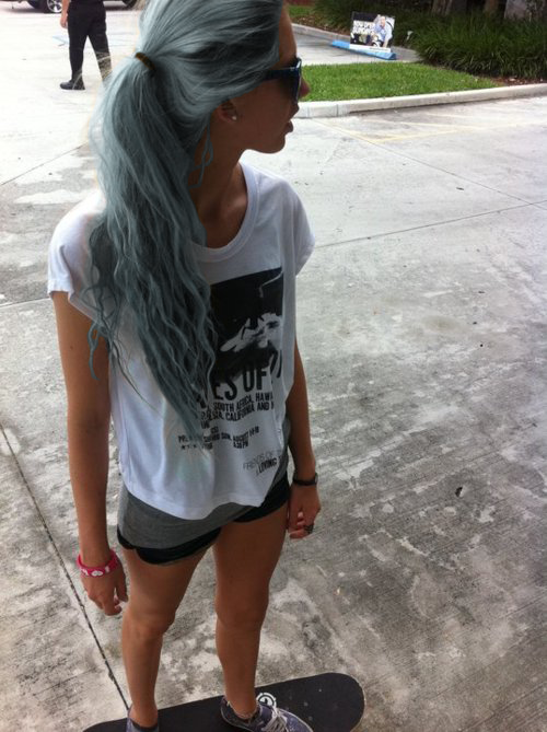 dark blue and grey/ platinum blonde hair ponytail wavy