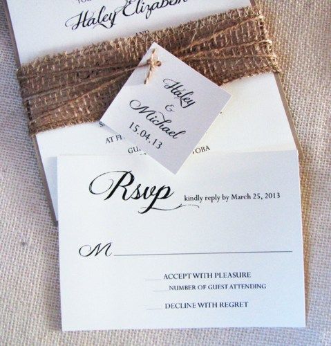 Handmade wedding invitation with burlap belly band ideas