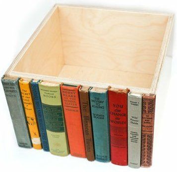 old book spines glued to a box. great idea for a hidden bookshelf storage