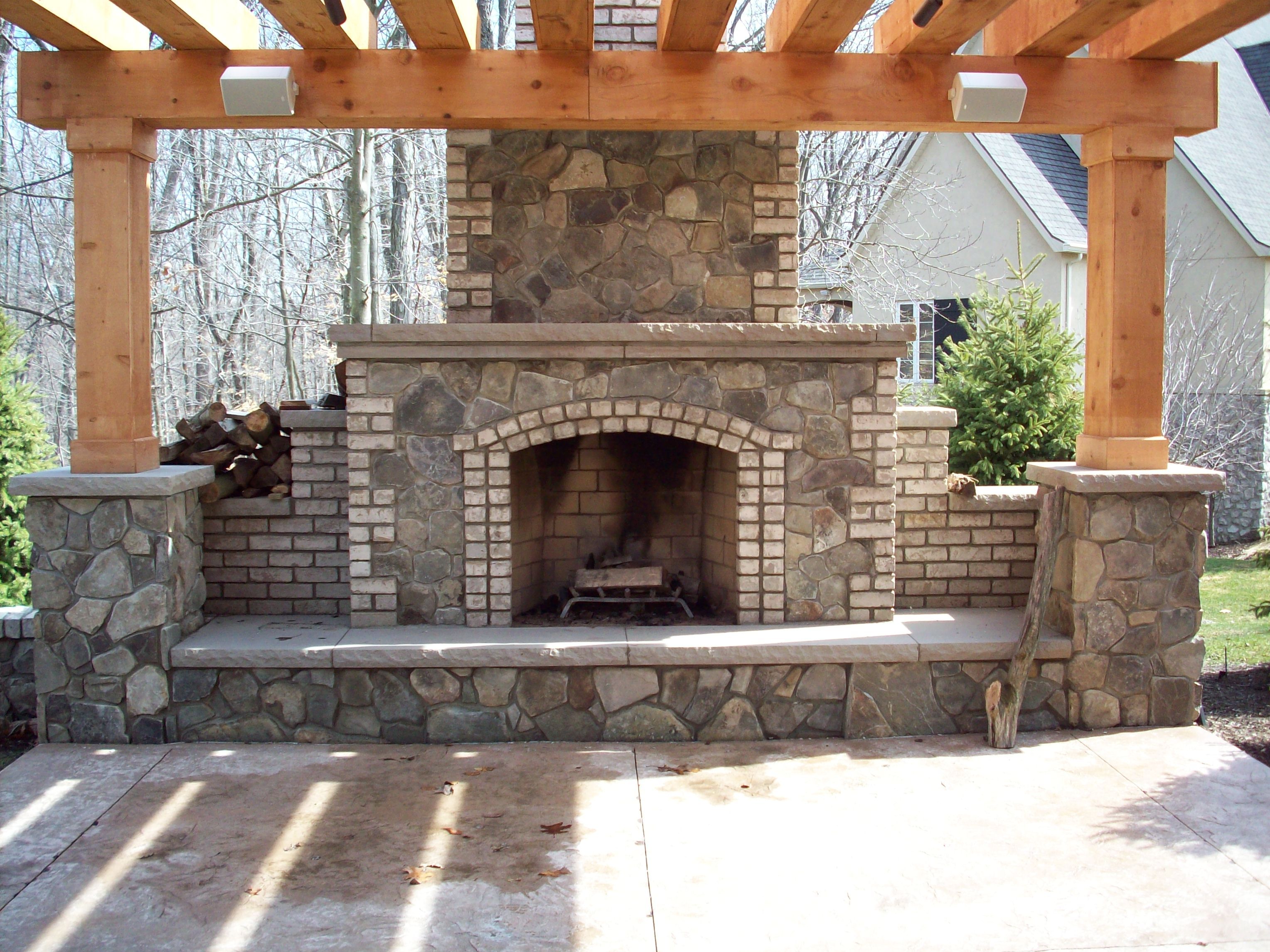 Outdoor fireplace, Belden brick, natural stone and limestone hearth ... -   Outdoor Fireplace Ideas