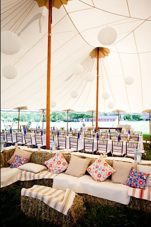 pillows on hay bales! perfect for a barn wedding! #rustic #wedding #tent