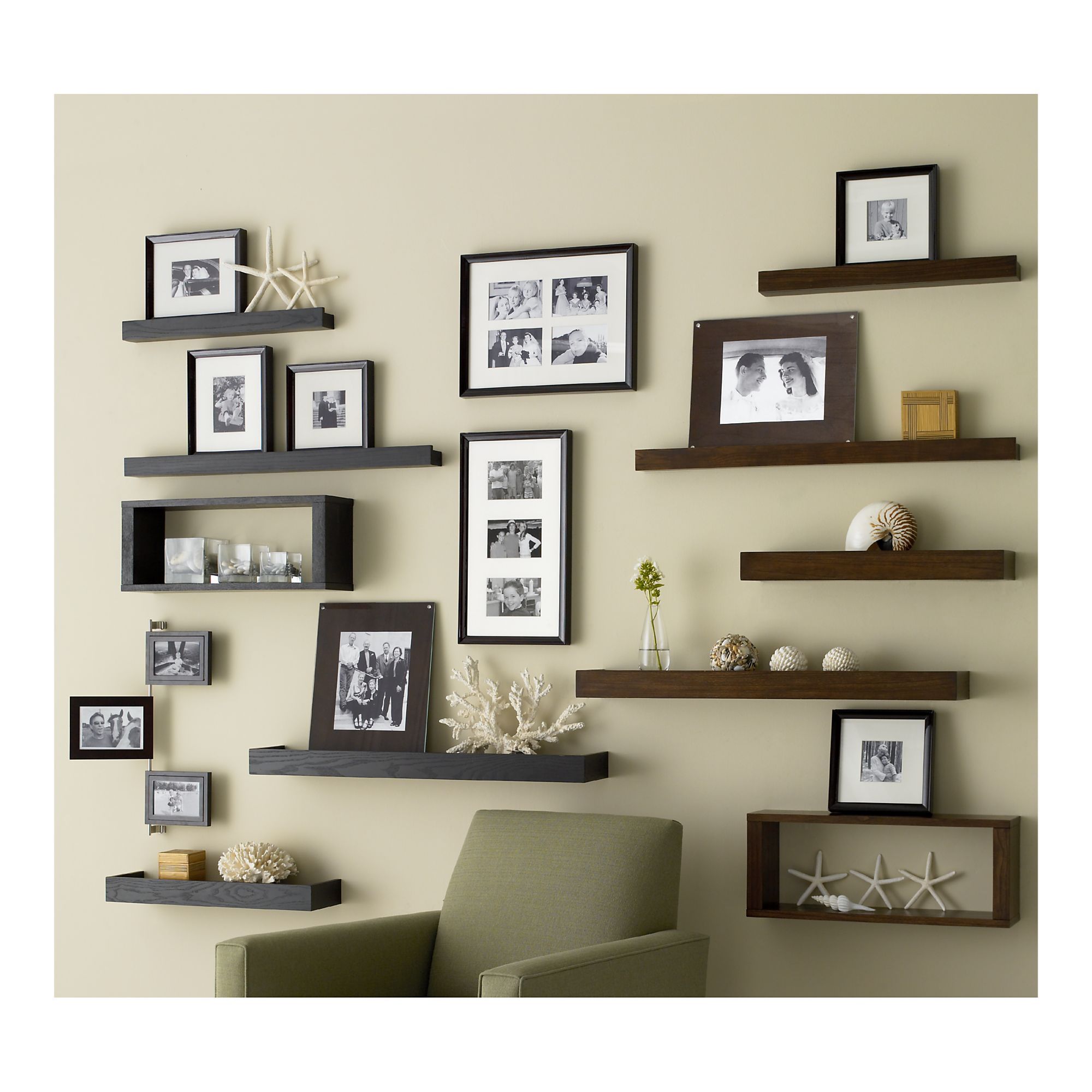 pretty wall with shelves & photos