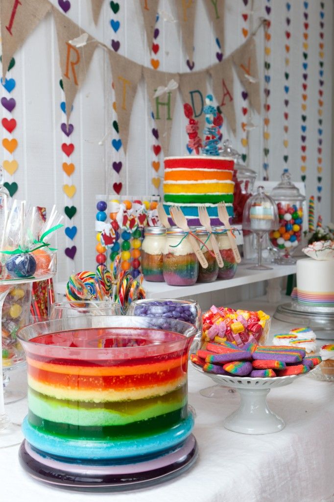 rainbow birthday party  notice the cake in the back?  I like the idea of being a