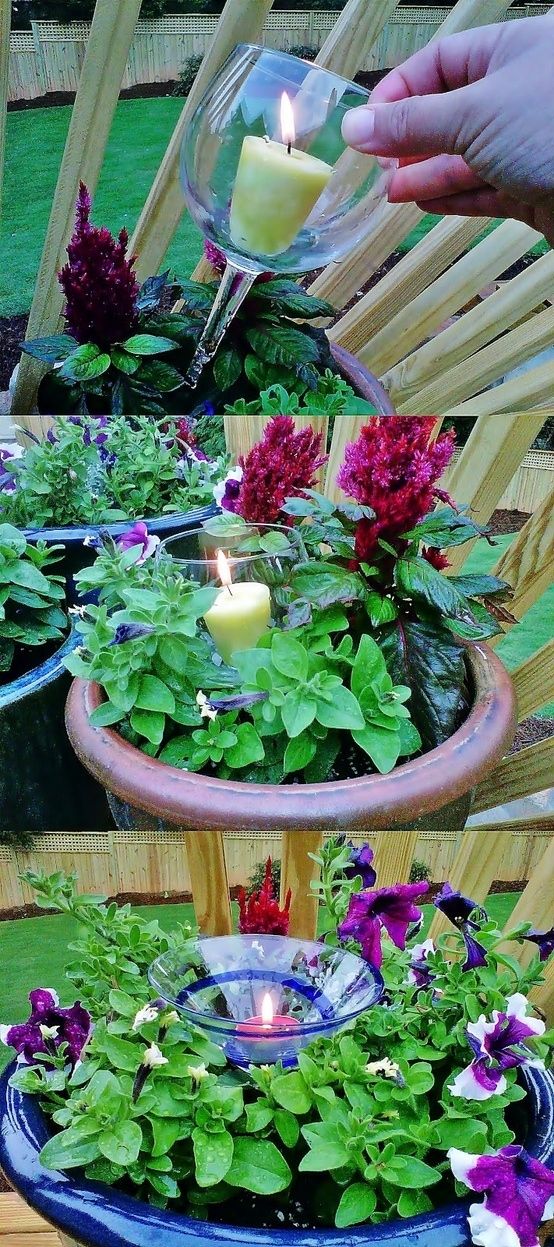 Use any broken stemware as candle holders in plants. -   How To Reuse Your Broken Things