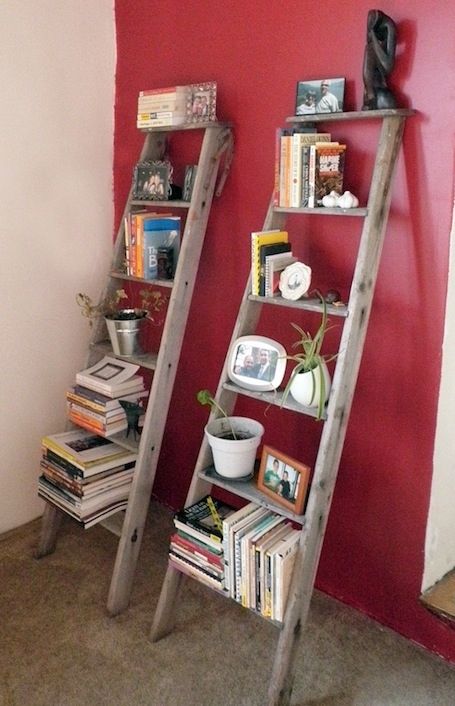A broken ladder becomes shelves, naturally. -   How To Reuse Your Broken Things