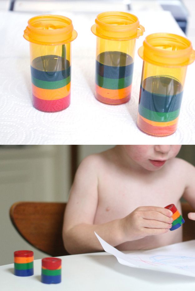 Melt down old crayons to make new ones, using old prescription bottles or film canisters. -   How To Reuse Your Broken Things