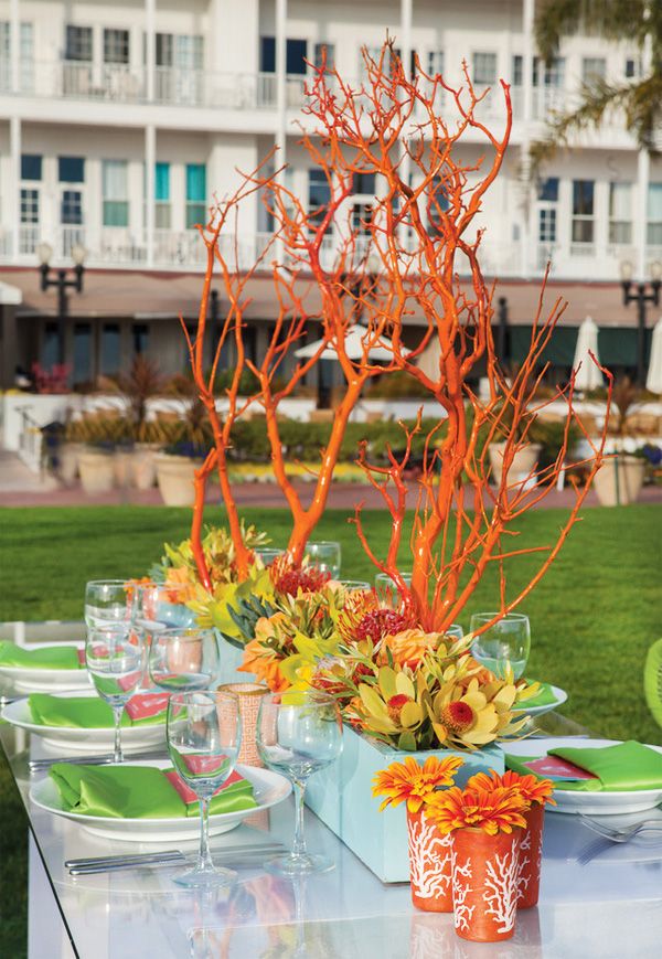 spray painted orange branches for centerpieces