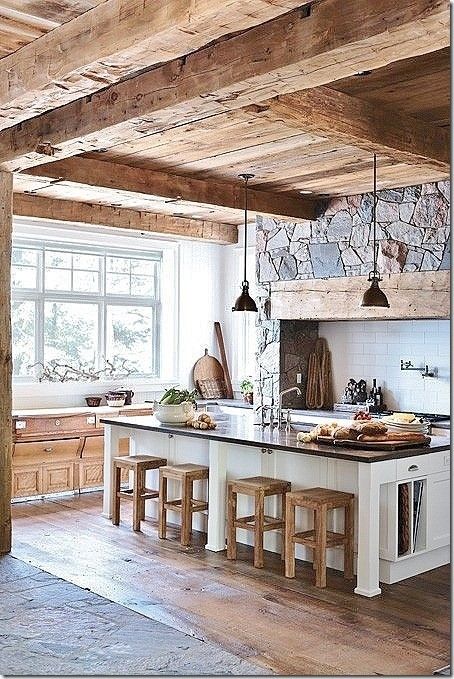 stone and wood. rustic kitchen.