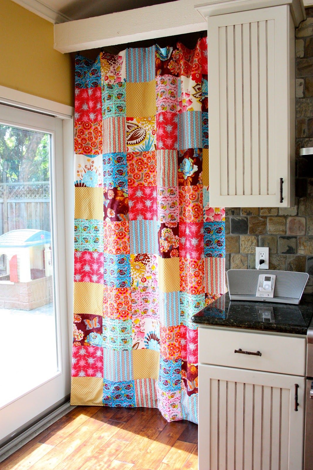 Then I remembered the shower curtain. An idea was born. -   vintage patchwork curtains