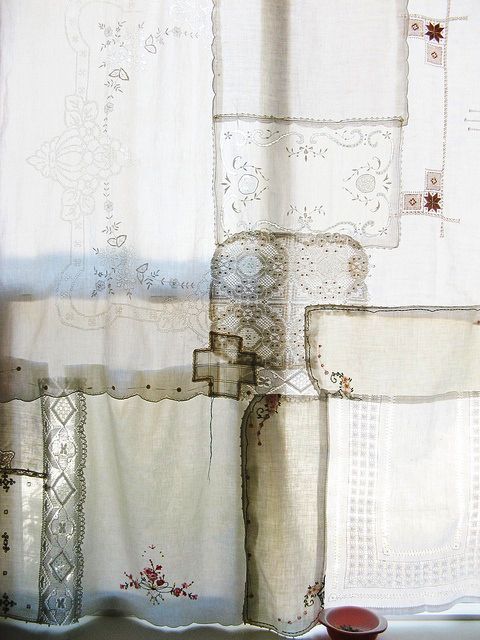 Patchwork vintage lace & linen curtain -   vintage patchwork curtains