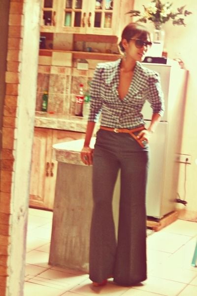 wide leg trousers and gingham shirt. Crazy thing I have pic of mom in the late s