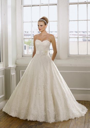 A-line Strapless Sweetheart Chapel Train Organza Lace Wedding Dress