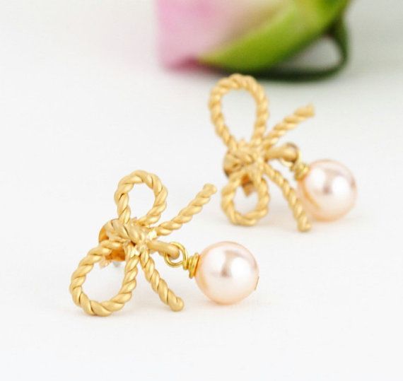 Blush Pink Pearl Bow Earrings  by JacarandaDesigns, $32.00