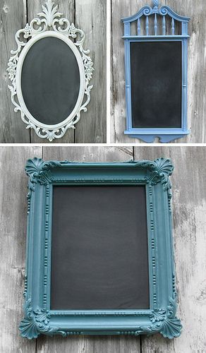 Buy cheap frames, paint the frame, and paint the glass with chalkboard paint.