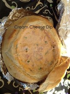 Cream Cheese Dip: A yummy warm appetizer served in a sourdough bowl with ham, ch