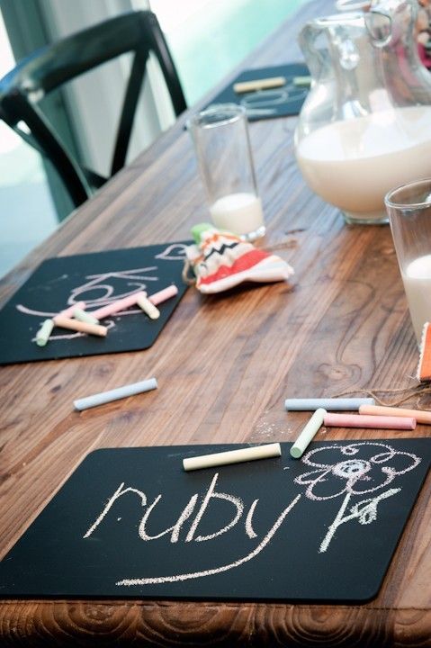 Dollar Store place-mats spray painted with chalkboard paint. So simple & so