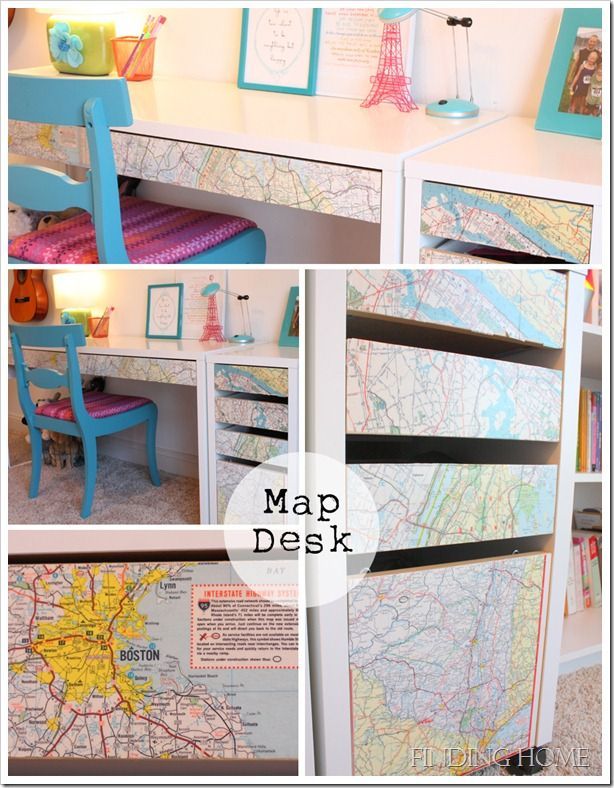 Ikea desk decoupaged with vintage maps