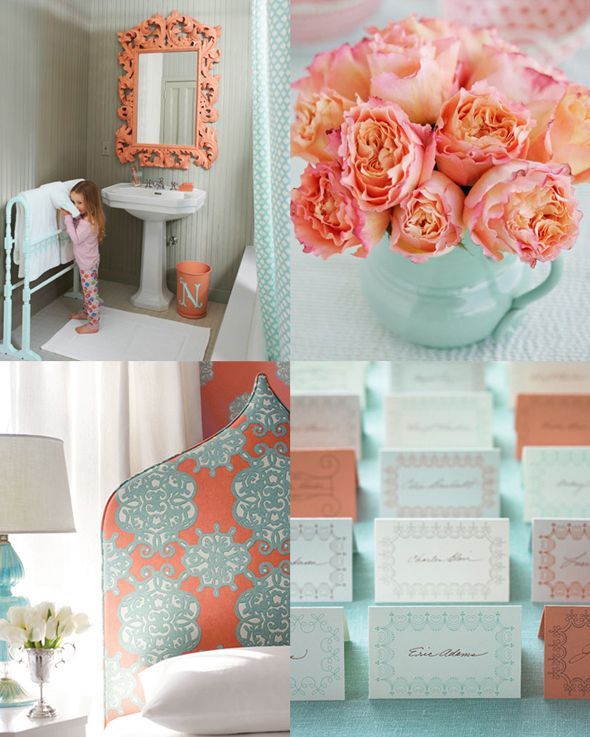 Love the coral flowers, and the light blue vase for the tables to tie the colors