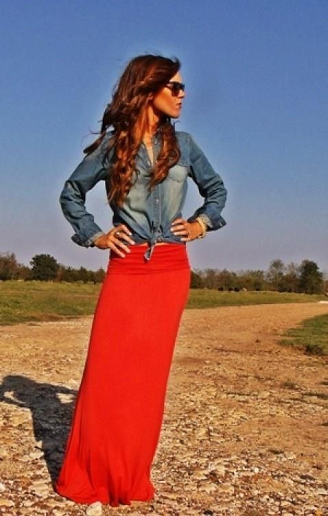 Maxi with denim button down for spring. – Love this idea