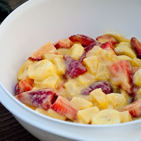 Quick Summer Fruit Salad – 1 pkg vanilla instant pudding, 1 can pineapple, 1 lb.