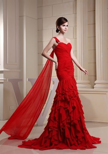 Red Chiffon One Shoulder Ruffle Dress, Mermaid One Shoulder Prom Dress  $168