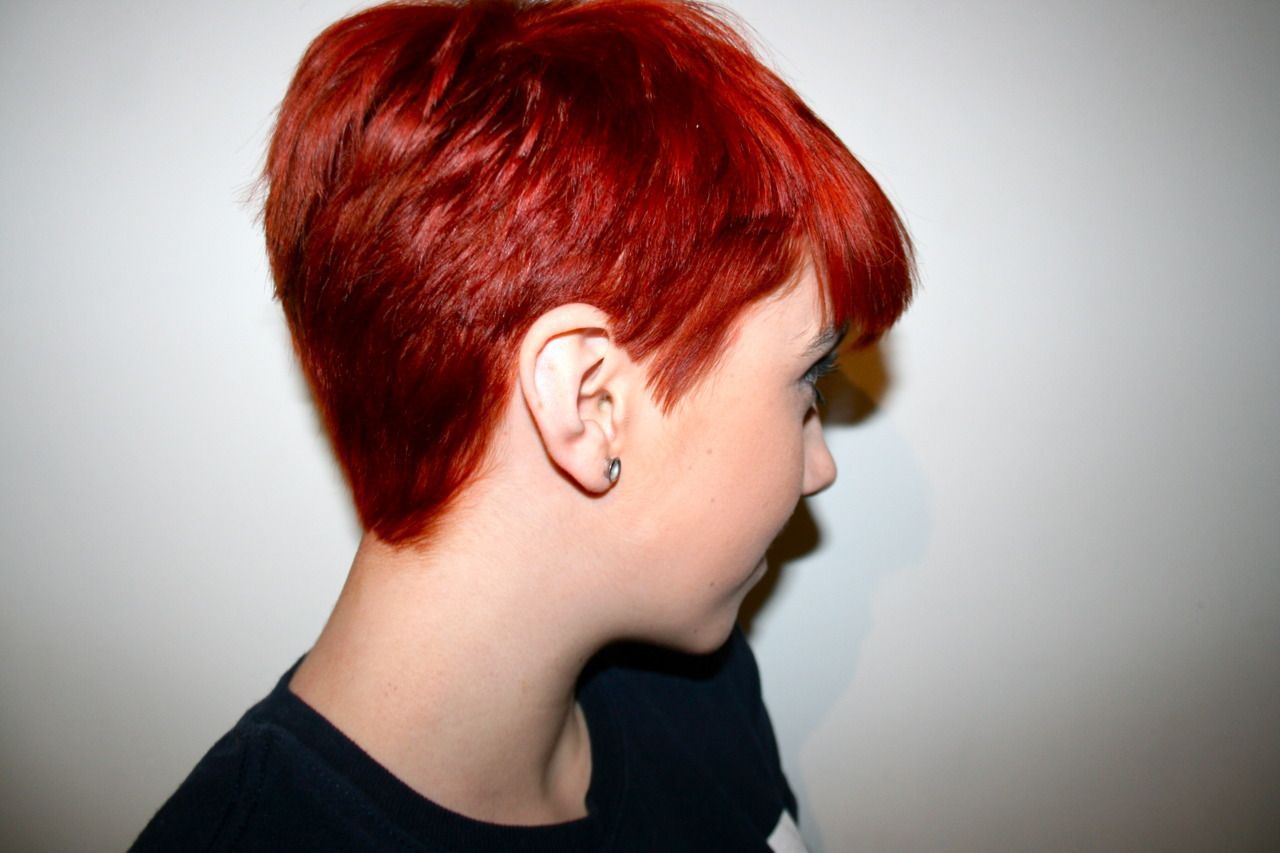 bright red pixie, long bangs