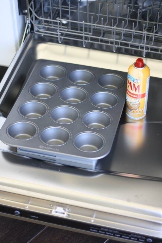 Spray your nonstick cooking spray over your open dishwasher to avoid getting it all over the counter. -   Baking Life-Hacks Everybody Needs To Know
