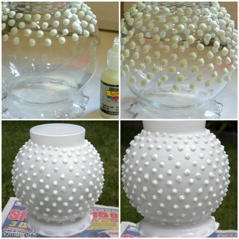create your own hobnail milk glass with a dollar store vase, some puffy paint, a