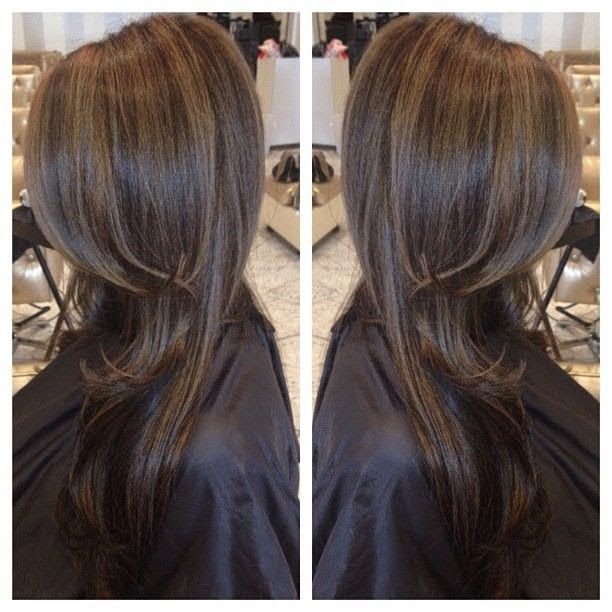 dark brown hair with caramel highlights and lowlights