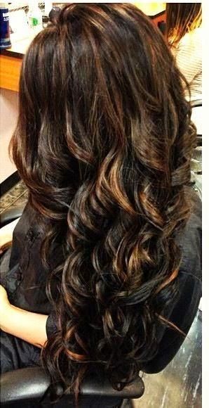dark brown hair with caramel highlights and lowlights