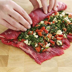 flank steak stuffed with spinach, blue cheese & roasted red peppers