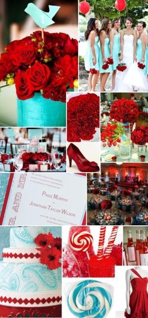 red and tiffany blue…don't love ALL of it but the centerpieces are cute!